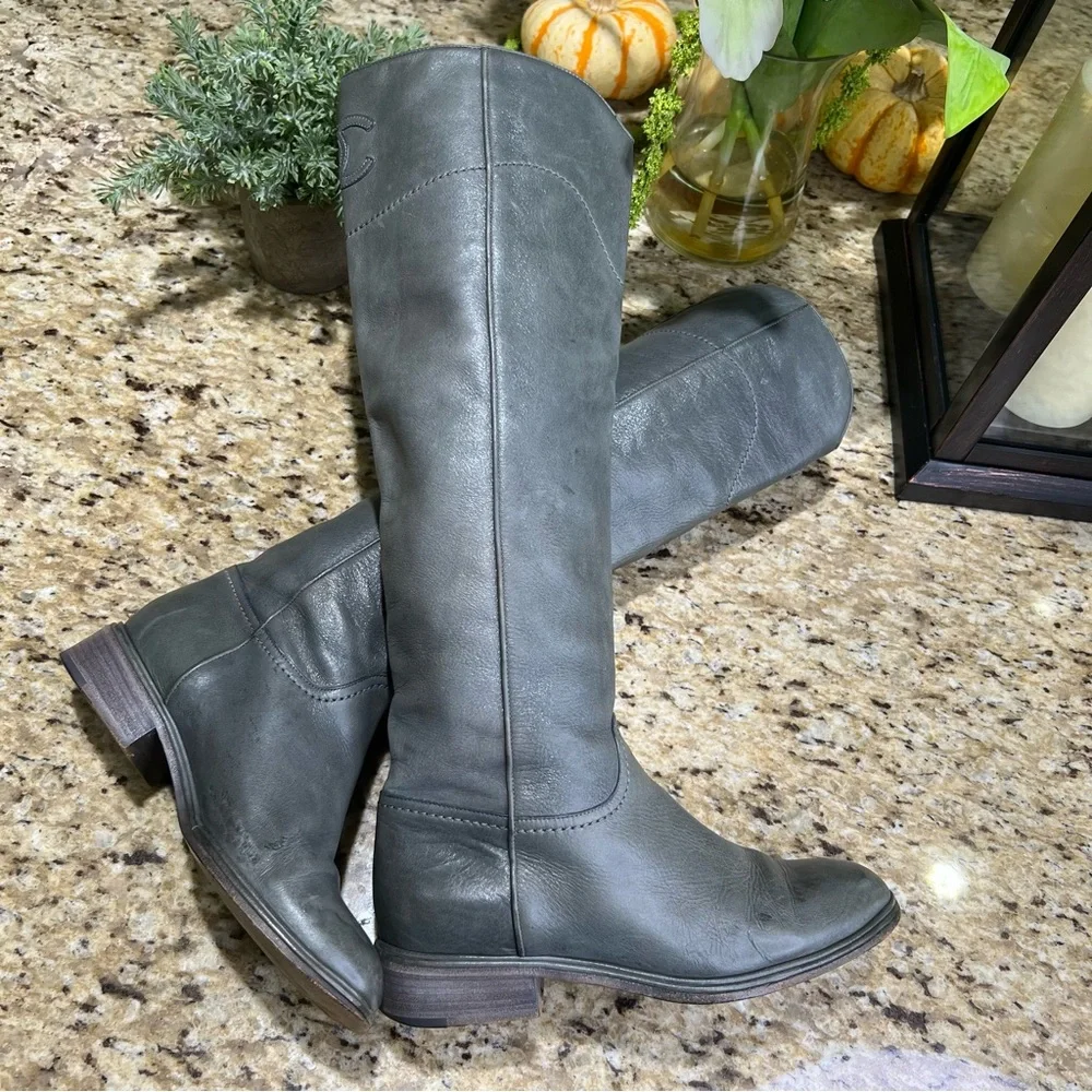 CHANEL Gray Interlocking CC Logo Leather Riding Boots 36.5